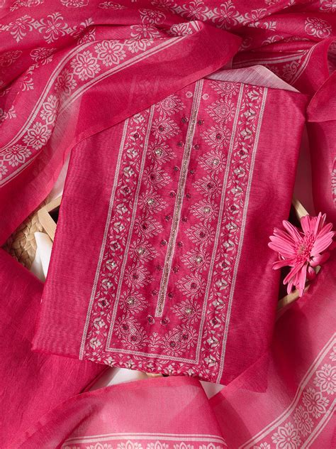 Pink Chanderi Silk Embellished Unstitched Dress Material (3 Pc ...