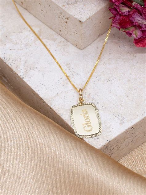 IBB Personalised 9ct Gold Dot Edge Rectangle Pendant Necklace, Gold