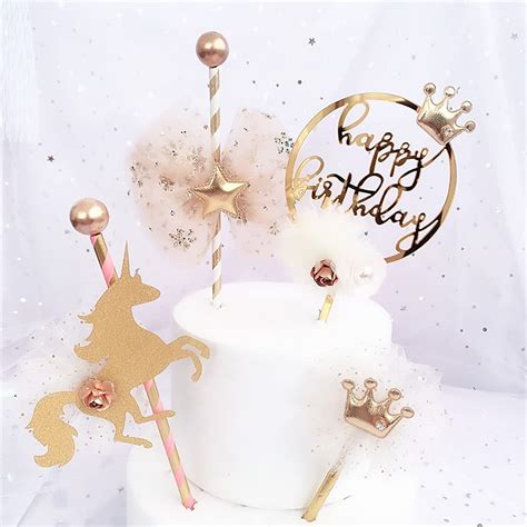 Buy Birthday Cake Toppers-Unicorn Pearl Butterfly Crown Gold Theme Cake ...