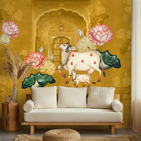 Yellow Pichwai Wallpaper for Lobby and Temple Walls | Life n Colors