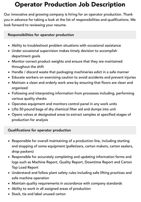 Image result for Job Description Production Operator Example