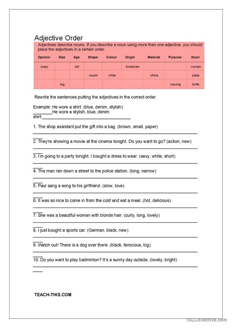 Image result for Adj Order Worksheet