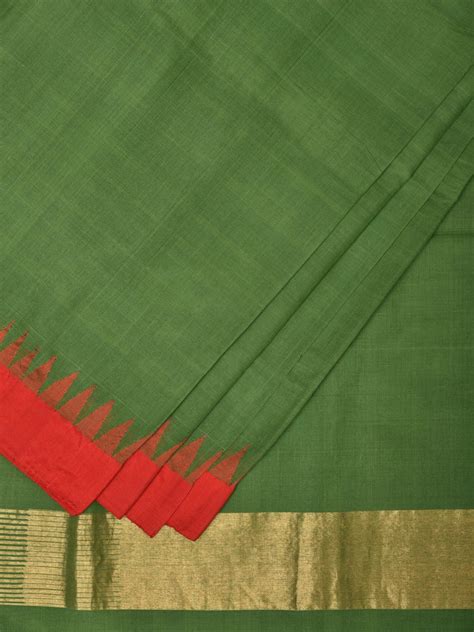 Green Khadi Cotton Handloom Plain Saree with Temple Border Design kh06 ...