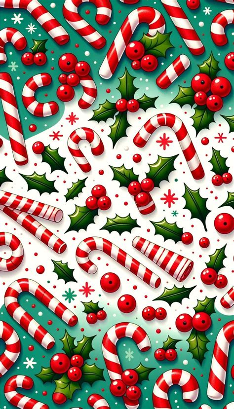 A playful pattern of candy canes and holly berries on a white ...