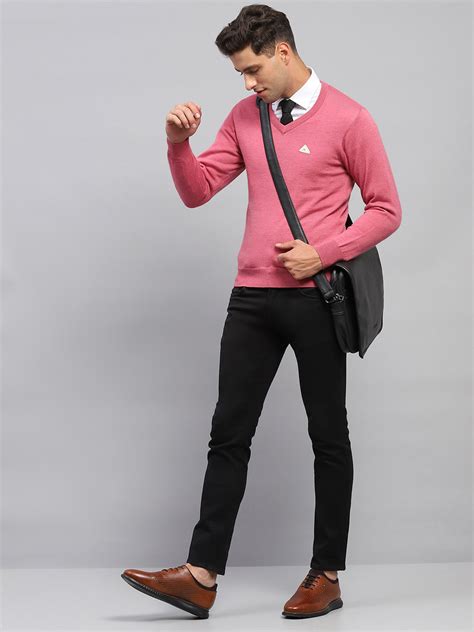 Buy Men Pink Solid V Neck Full Sleeve Pullover Online in India - Monte ...