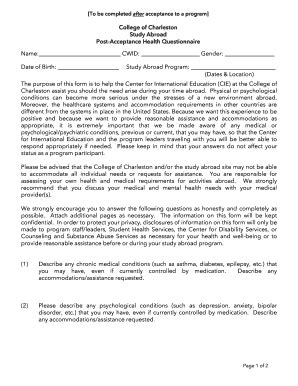 Fillable Online international cofc To be completed after acceptance to ...