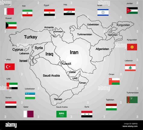 Middle east vector map set of states and flags. Countries collection vector illustration. Asia ...