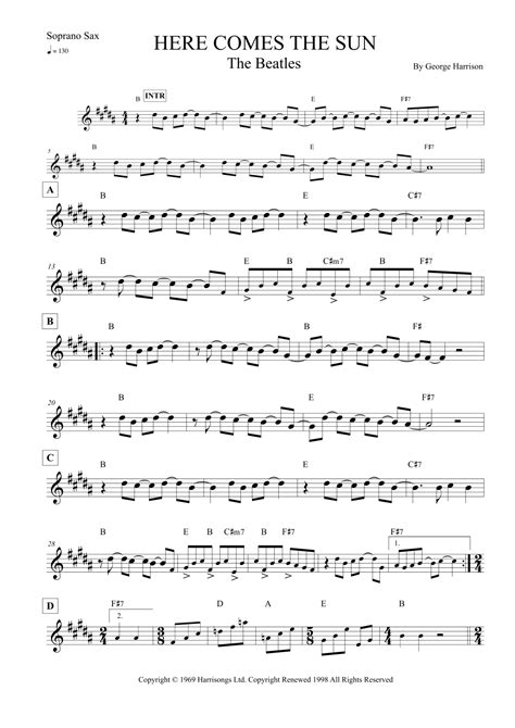 Here Comes The Sun (arr. Leo Silva) by The Beatles Sheet Music for Soprano Sax Solo at Sheet ...