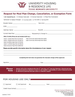 Fillable Online Request for Meal Plan ChangeExemption Form Fax Email ...