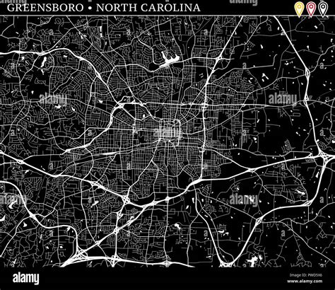 Simple map of Greensboro, North Carolina, USA. Black and white version ...