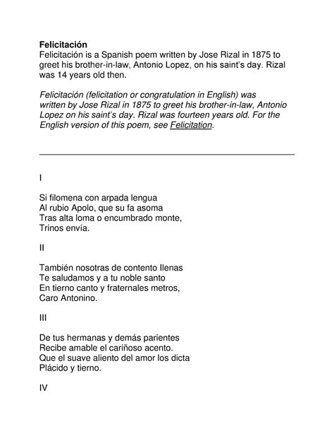 Felicitación - Felicitación Felicitación is a Spanish poem written by Jose Rizal in 1875 to ...