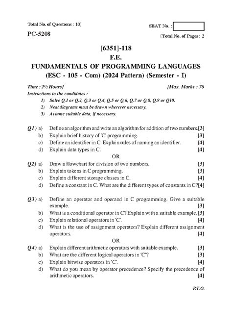 F.E. FUNDAMENTALS OF PROGRAMMING LANGUAGES (ESC 105 Com) Midterm Exam ...