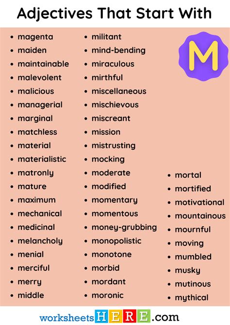 Adjectives That Start With M Vocabulary List PDF Worksheet For Students - WorksheetsHere.com