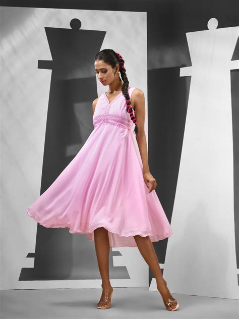 Pink Georgette Dress With Lace Detailing – Charukriti