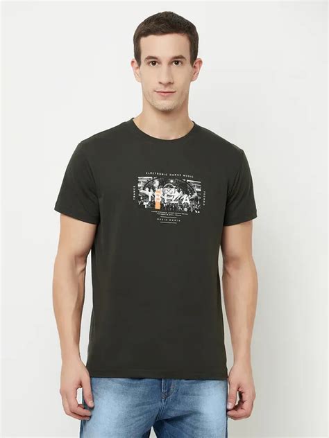 Octave Men Olive Green Printed Applique T-shirt