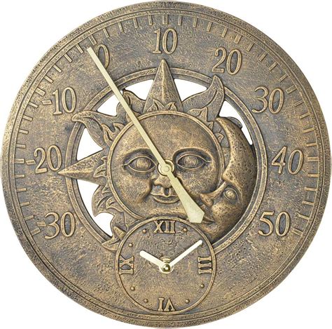 Trintion Garden Thermometer Clock Analogue Wall Bronze Sun And Moon ...