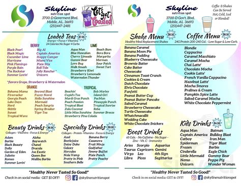 Skyline Nutrition Spot menu in Mobile, Alabama, USA