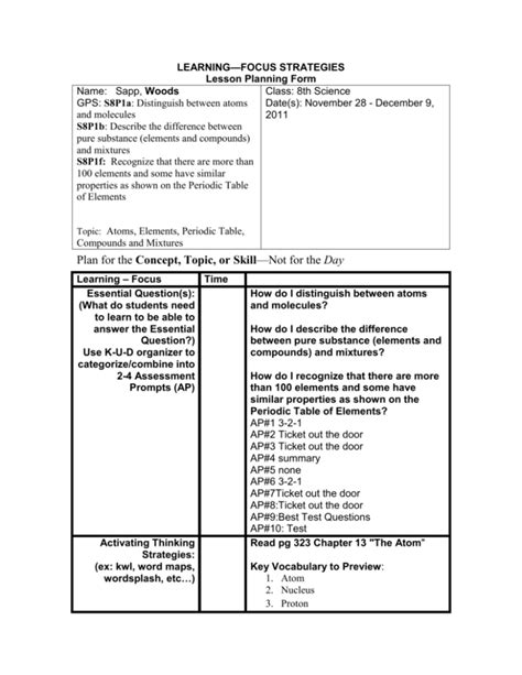 Chemistry Lesson Plan 的图像结果