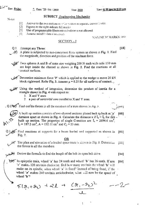 Engineering Mechanics Previous Year Exam Paper - MSU - Studocu