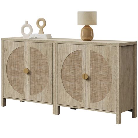 Set of 2 Rattan Sideboards – 2-Door Storage with Adjustable Shelves ...