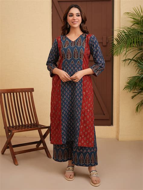 Maroon Ajrakh Hand Block Printed Cotton Kurta with Palazzo - Set of 2