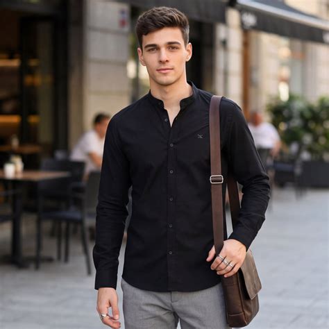 Full Sleeves Slim Fit Black Dobby Structure Mandarine Collar Solid Shi ...