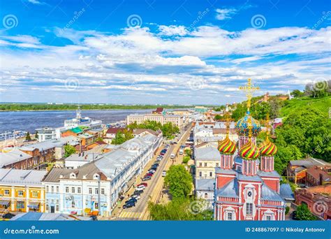 Aerial Drone View of Nizhniy Novgorod City Center with Volga Embankment ...