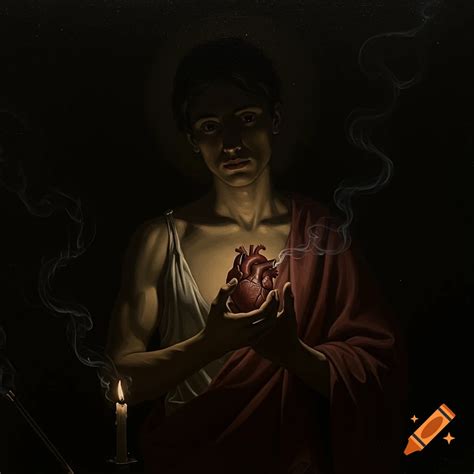 Chiaroscuro painting of a young man holding a glowing human heart, with ...