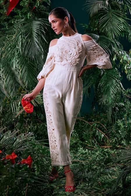 Buy Ivory Chanderi, Cotton Embroidery Round Neck 3d Bloom Petal ...