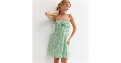Green Floral Ruched Tie Strap Mini Dress | New Look