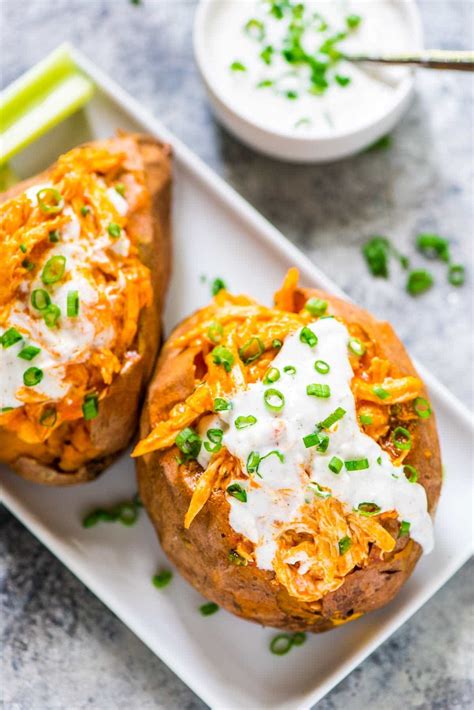 Healthy Slow Cooker Buffalo Chicken Stuffed Sweet Potatoes Recipe
