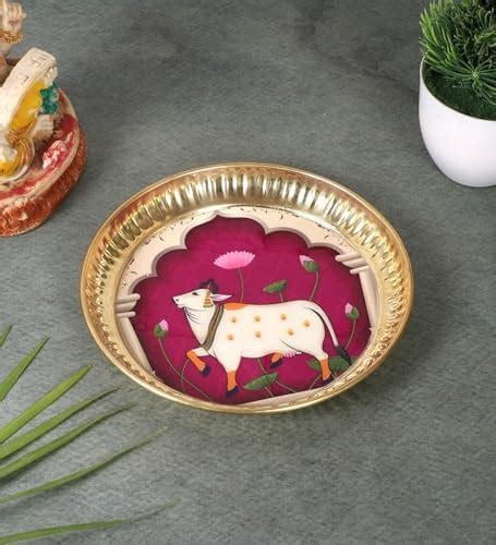 Two Moustaches 6 Inches Kamdhenu Cow Design Brass Pooja Thali, Puja ...