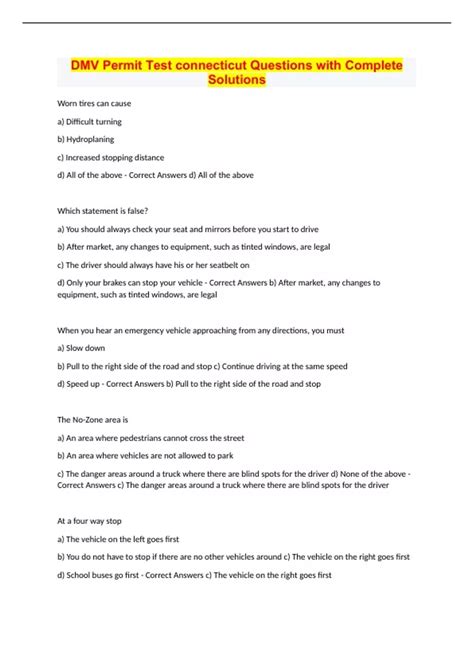 DMV Permit Test connecticut Questions with Complete Solutions - CT DMV ...