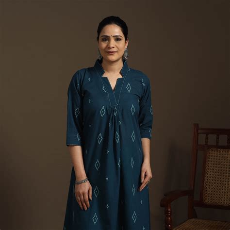 Blue A-Line Cotton Hand Embroidered Jacquard Kurta for women