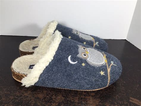 Lands End Womens Size 9B Blue Owl Felt Scuff Sherpa Lined Slip On Slide ...