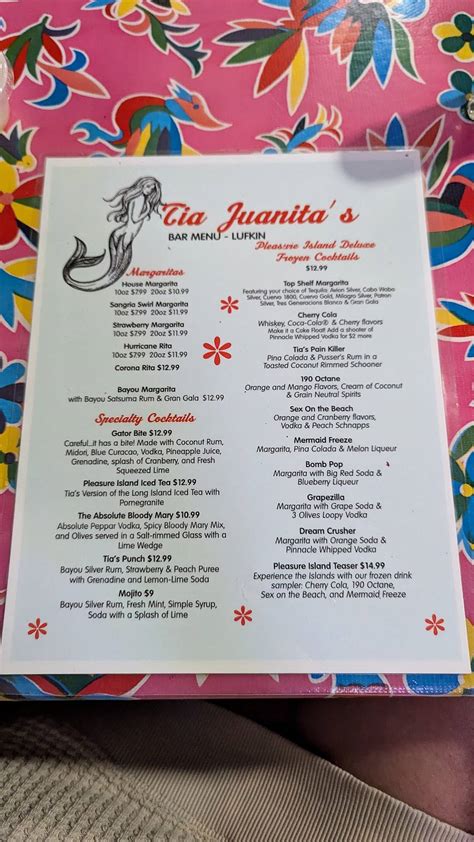 Menu at Tia Juanita's Fish Camp restaurant, Lufkin