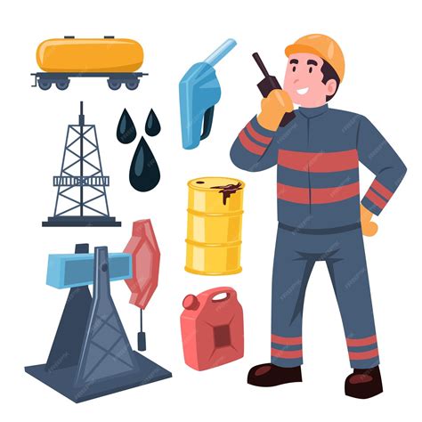 Premium Vector | Oil rig job worker character tool equipment objects with petrolion oil, barrel ...