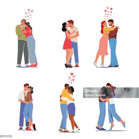 Set Happy Men And Women Kissing And Hugging Loving Couples Romantic ...