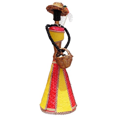 African Doll Showpiece In Red And Yellow With Holding Basket With Two Hands