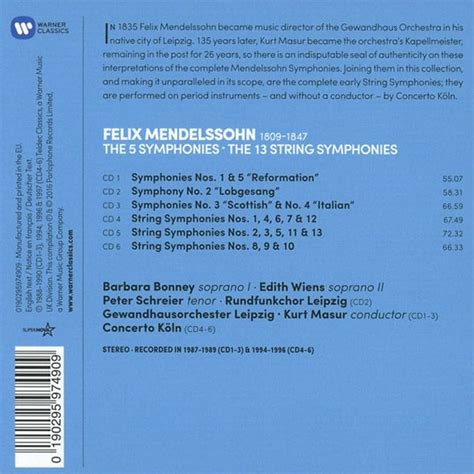 Kurt Masur, Concerto Kоln - Mendelssohn: The Complete Symphonies, The ...