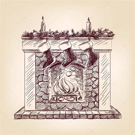 Fireplace drawing | Christmas fireplace hand drawn — Stock Vector ...