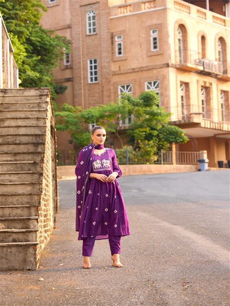Neerus Purple Solid Anarkali Kurta and Trousers With Dupatta – Neerus India