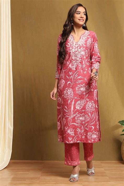 Buy Old Rose Polyester Blend Straight Kurta Pants Set Online at Biba India