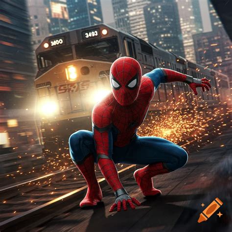 Spider-Man in his red and blue suit crouches on train tracks as a ...