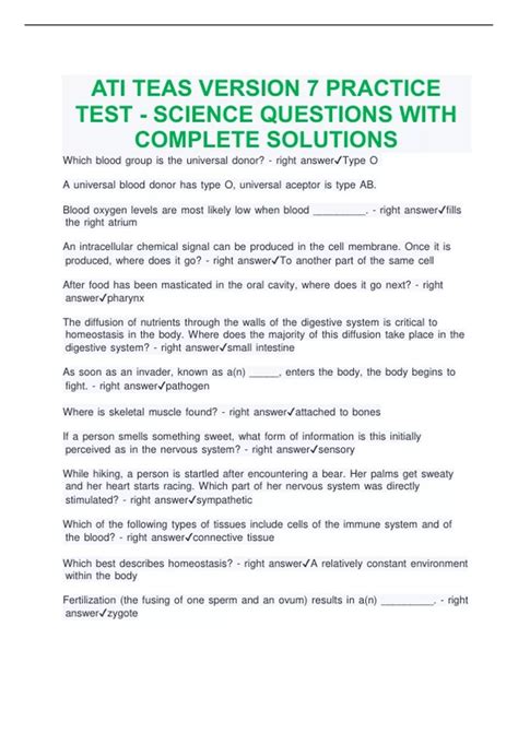 ATI TEAS VERSION 7 PRACTICE TEST - SCIENCE QUESTIONS WITH COMPLETE ...