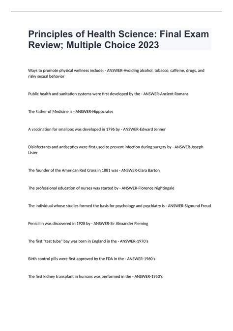 Principles of Health Science: Final Exam Review; Multiple Choice 2023 ...