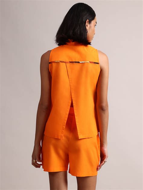 Orange Cotton Solid Shirt Style Co-Ord Set