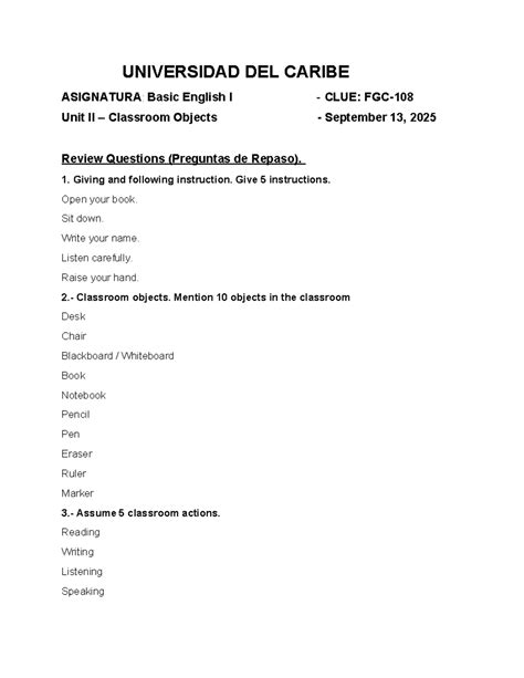 Repaso - Unidad II: Classroom Objects - Basic English I - Studocu