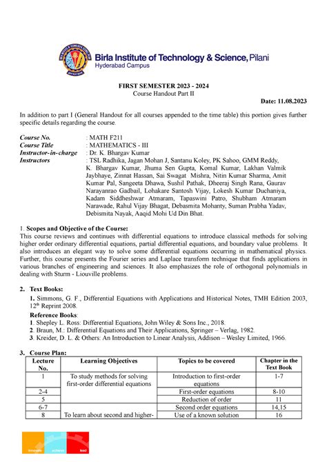 MATH F211 Course Handout - FIRST SEMESTER 2023 - 2024 Course Handout ...