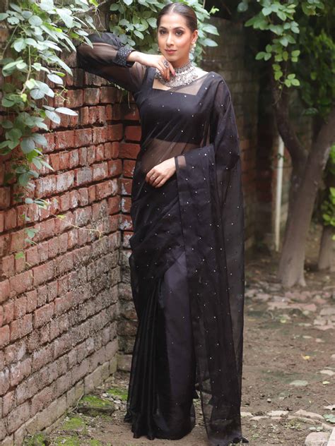 Banarasee Hand-Embroidered Mirror Work Organza Saree With Blouse-Black